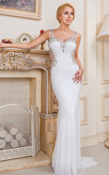 Sheath Sleeveless V-Neck Beaded Chiffon Evening Dress With Brush Train