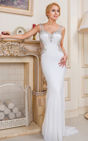 Sheath Sleeveless V-Neck Beaded Chiffon Evening Dress With Brush Train