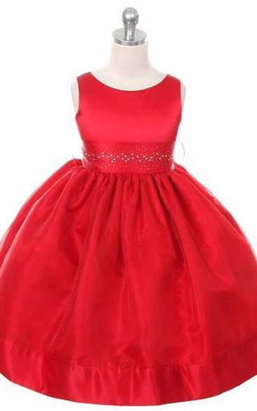 Tea-Length Beaded Sleeveless Organza&Satin Flower Girl Dress
