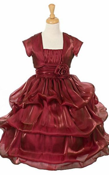 Spaghetti Tea-Length Bolero Ruched Organza&Satin Flower Girl Dress With Pick Up