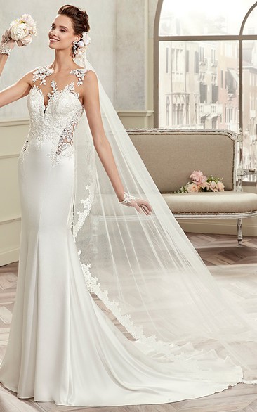 Open-Back Sheath Bridal Gown With Lace Appliques And Illusion Waist