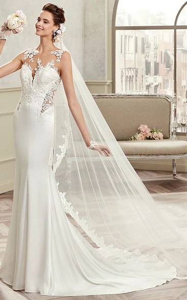 Open-Back Sheath Bridal Gown With Lace Appliques And Illusion Waist