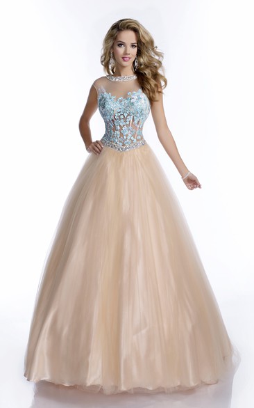 A-Line Tulle Sleeveless Beaded Neck Prom Dress Featuring Lace Bodice And Keyhole Back