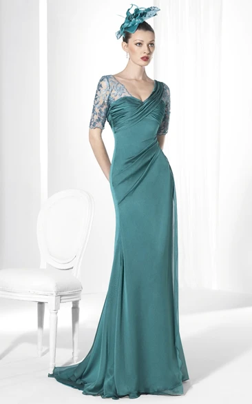 Sheath Floor-Length V-Neck Short-Sleeve Embroidered Jersey Prom Dress With Ruching
