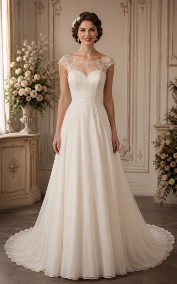 Vintage Illusion Cap Sleeve A-Line Wedding Dress
