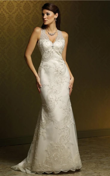 Sheath Appliqued Sleeveless Floor-Length V-Neck Lace Wedding Dress With Bow And Pleats