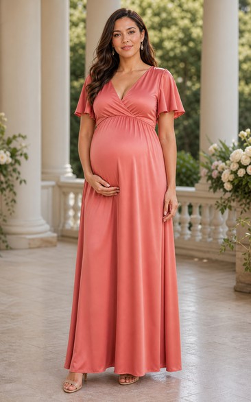Maternity Coral Chiffon V-Neck Floor-Length A-Line Dress