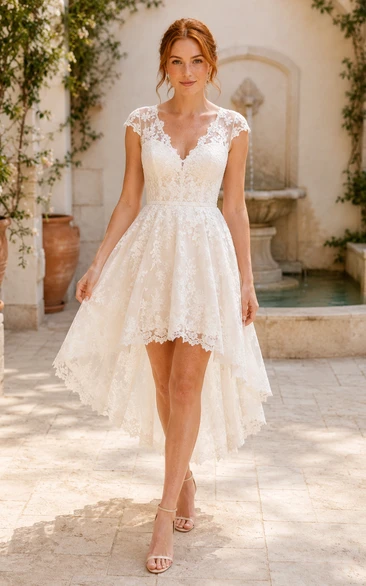 V-Neck Lace High-Low Tea-Length Wedding Dress with Tulle Skirt