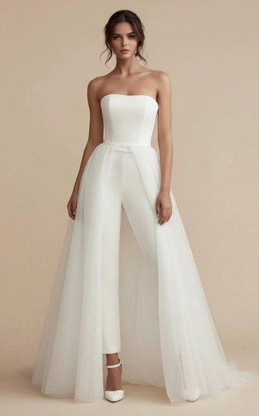 Satin Strapless Wide Waist Tulle Skirt Wedding Jumpsuit