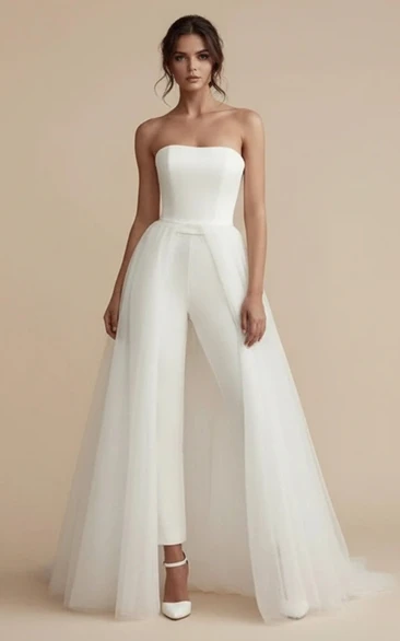 Satin Strapless Wide Waist Tulle Skirt Wedding Jumpsuit