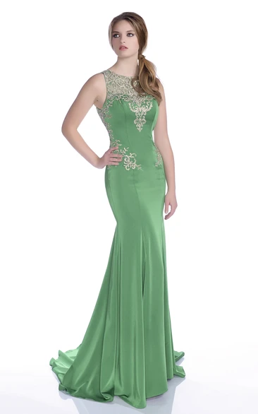 Mermaid Jersey Sleeveless Keyhole Back Prom Dress Featuring Rhinestones Appliques
