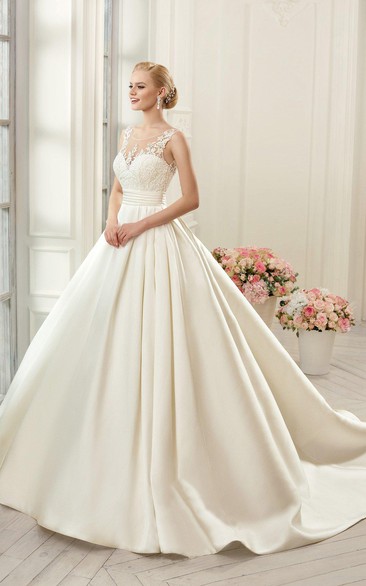 A-Line Mini Jewel Bell Appliques Court Train Backless Button Lace Bride Dress
