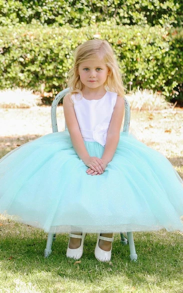 Floral Tea-Length Tiered Tulle&Satin Flower Girl Dress With Embroidery