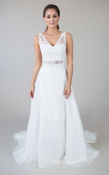 A-Line Sleeveless Appliqued Floor-Length V-Neck Lace&Satin Wedding Dress