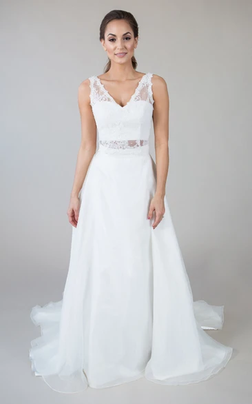 A-Line Sleeveless Appliqued Floor-Length V-Neck Lace&Satin Wedding Dress