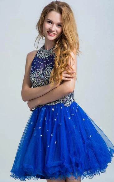 Jewel Neck Beading Open Back Short Prom Dress