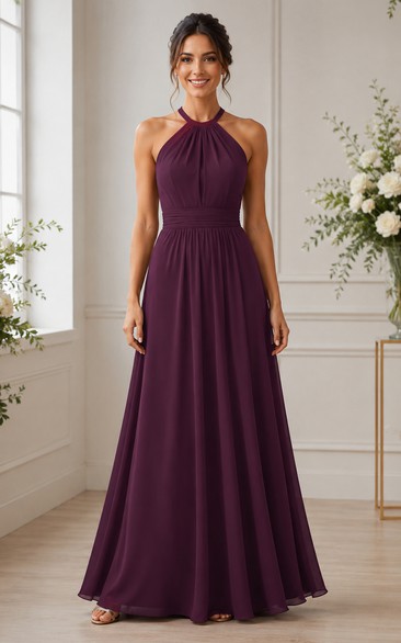 Plum Halter A-Line Chiffon Bridesmaid Dress