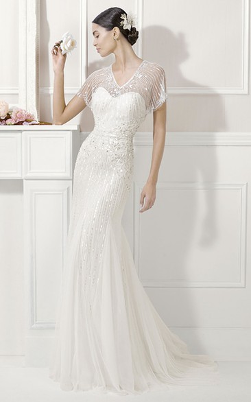 V Neck Batwing Sleeves Sheath Tulle Wedding Gown With Sequins