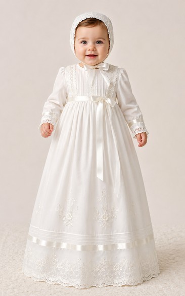 Baby Christening Gown Vintage Modest A-Line Long Sleeve Cotton Lace Floor-Length with Bonnet in White