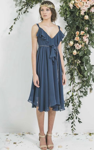 Tea-Length Empire Draped V-Neck Sleeveless Chiffon Bridesmaid Dress