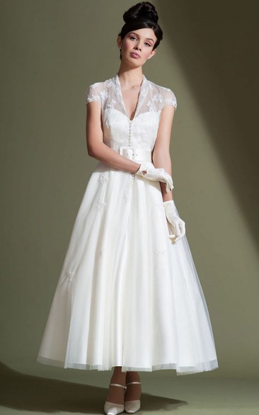 Ankle-Length A-Line V-Neck Cap Sleeve Appliqued Tulle Short Wedding Dress