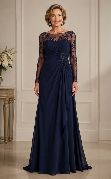 Dark Navy A-Line Lace Long Sleeve Chiffon Mother Dress