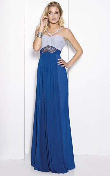 Sheath Ruched Floor-Length Empire Sleeveless Spaghetti Chiffon Prom Dress With Waist Jewellery