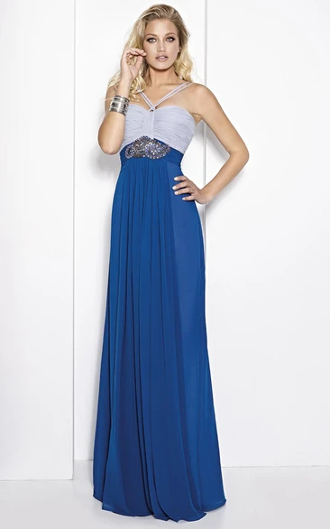 Sheath Ruched Floor-Length Empire Sleeveless Spaghetti Chiffon Prom Dress With Waist Jewellery