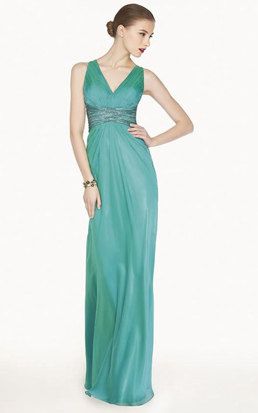 V Neck Sheath Chiffon Long Prom Dress With Back Crystal Criss Cross Straps
