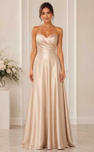 Champagne Strapless Sweetheart Satin A-Line Bridesmaid Dress
