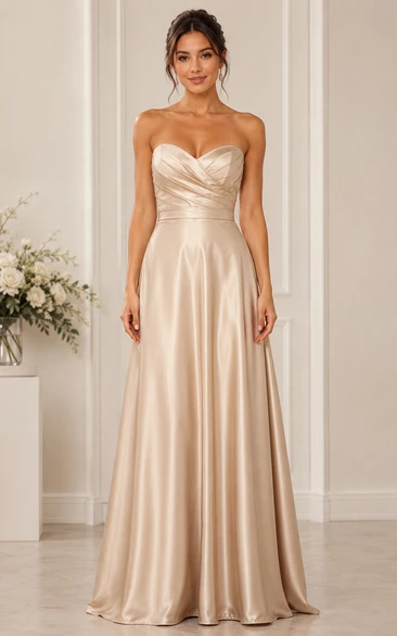 Champagne Strapless Sweetheart Satin A-Line Bridesmaid Dress