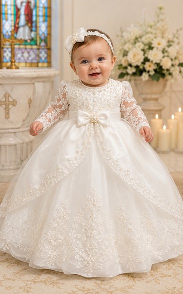 Baby Christening Gown Modest Princess Ball Gown Long Sleeve Illusion Tulle Lace Floor-Length with Bow Sash in Ivory