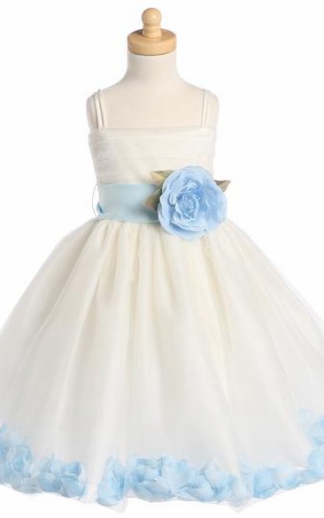 Spaghetti Tea-Length Tiered Petal-Sleeve Tulle Flower Girl Dress
