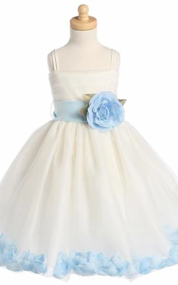 Spaghetti Tea-Length Tiered Petal-Sleeve Tulle Flower Girl Dress