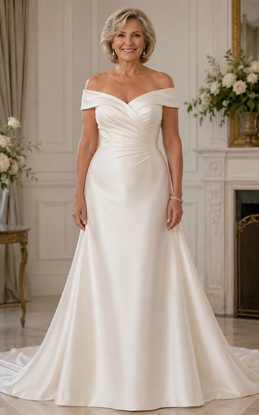 Off Shoulder Satin A-Line Older Brides Wedding Dress with Sweep Train
