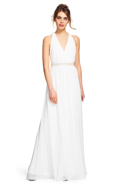 Sheath V-Neck Sleeveless Beaded Chiffon Bridesmaid Dress With Pleats And Straps
