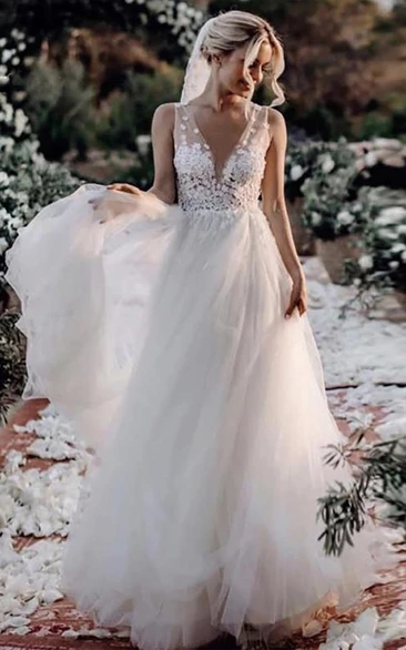 Lace Tulle Floor-length A Line Sleeveless Bohemian Wedding Dress with Flowers