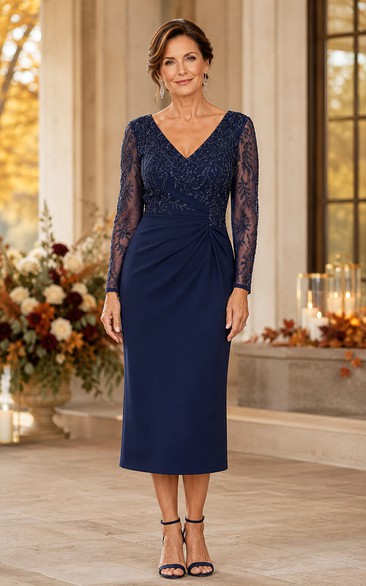 Dark Navy Sheath Lace Long Sleeve Knee-Length Mother Dress