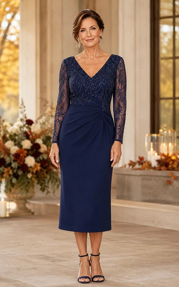 Dark Navy Sheath Lace Long Sleeve Knee-Length Mother Dress