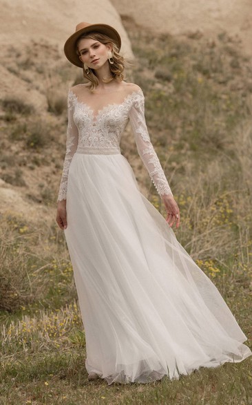 Off-the-shoulder Lace Long Sleeve Chiffon Flowy Country Wedding Dress