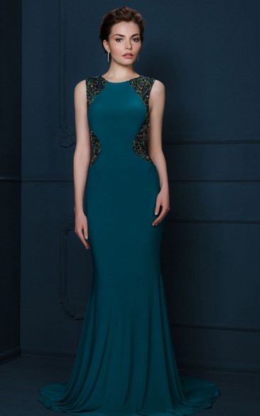 Sheath Long Beaded Scoop-Neck Sleeveless Jersey Evening Dress