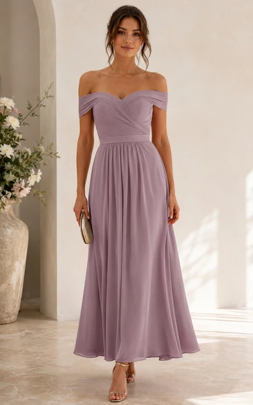 Mauve Off-the-Shoulder Chiffon Tea-Length Dress