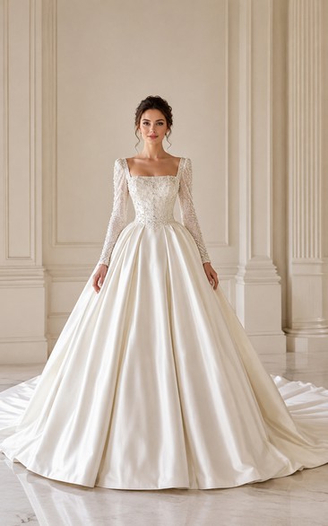 Square Neck Long Sleeve Satin Ball Gown Vintage Wedding Dress