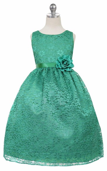 Knee-Length Bowed Floral Tulle&Lace Flower Girl Dress With Sash