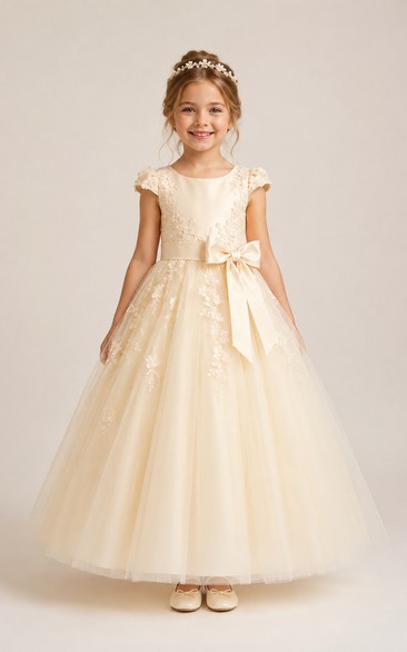 A-line Floor Length Cap Sleeve Tulle Lace Flower Girl Dress with Champagne cap sleeves and floral tulle skirt