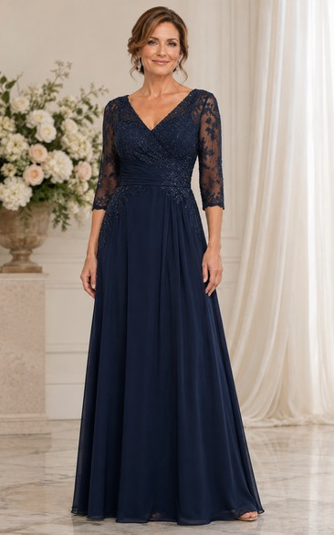 Dark Navy Lace Sleeve Floor-Length Mother of the Bride Gown