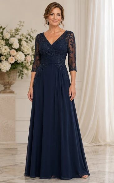 Dark Navy Lace Sleeve Floor-Length Mother of the Bride Gown