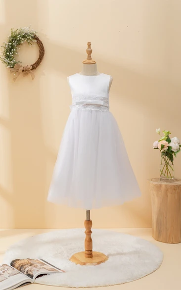 Scoop-neck A-line Empire Communion Flowergirl Dress with Beaded Waist