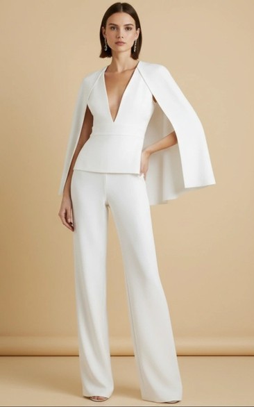 Deep V Cape Short Top Wide Leg Wedding Jumpsuit