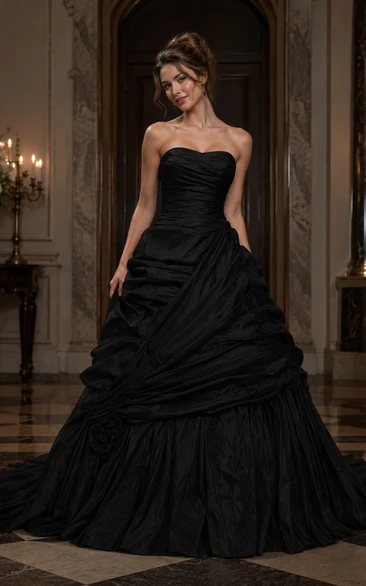 A-Line Maxi Sweetheart Pleats Zipper Lace-Up Back Lace Taffeta Dress